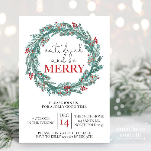 Eat Drink and Be Merry Christmas Party Potluck  Invitation