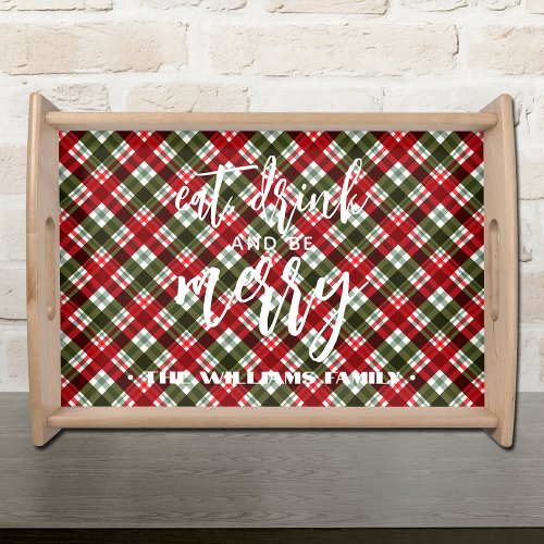 Eat Drink and Be Merry Christmas Plaid Serving Tray