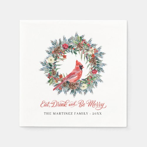 Eat Drink and be Merry Christmas Wreath Cardinal N Napkins