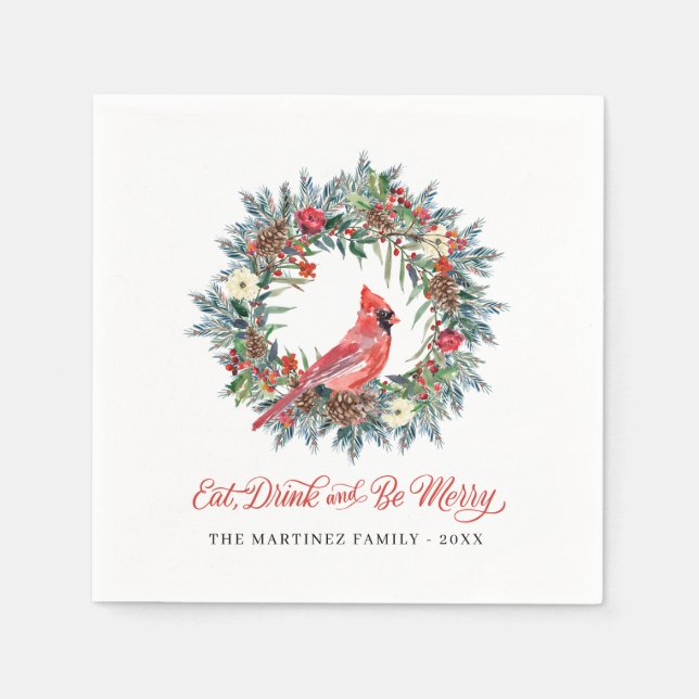 Eat Drink and be Merry Christmas Wreath Cardinal N Napkins (Front)