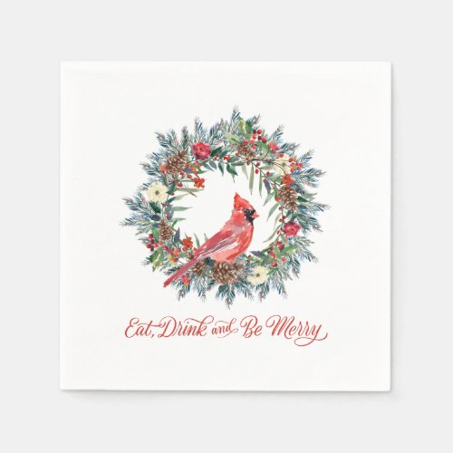 Eat Drink and be Merry Christmas Wreath Cardinal Napkins