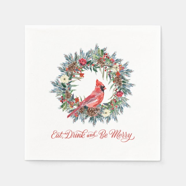 Eat Drink and be Merry Christmas Wreath Cardinal Napkins (Front)