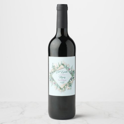 Eat Drink And Be Merry Cottage Teal Blue Pink Wine Label