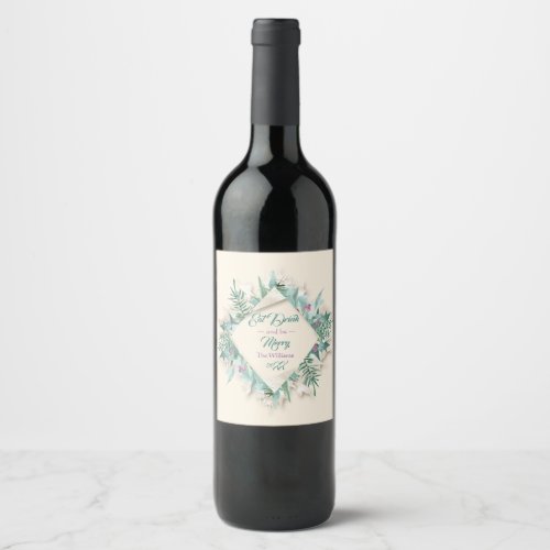 Eat Drink And Be Merry Cottage Teal Mint Ivory Wine Label