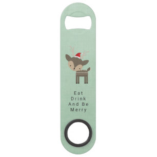 Eat Drink And Be Merry Cute Deer In Red Santa Hat Speed Bottle Opener