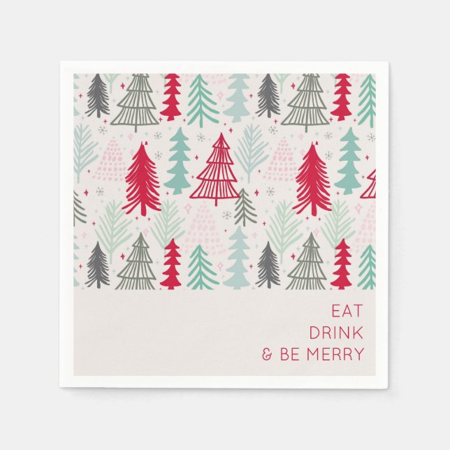 Eat Drink and be Merry Doodle Christmas Trees Napkins (Front)