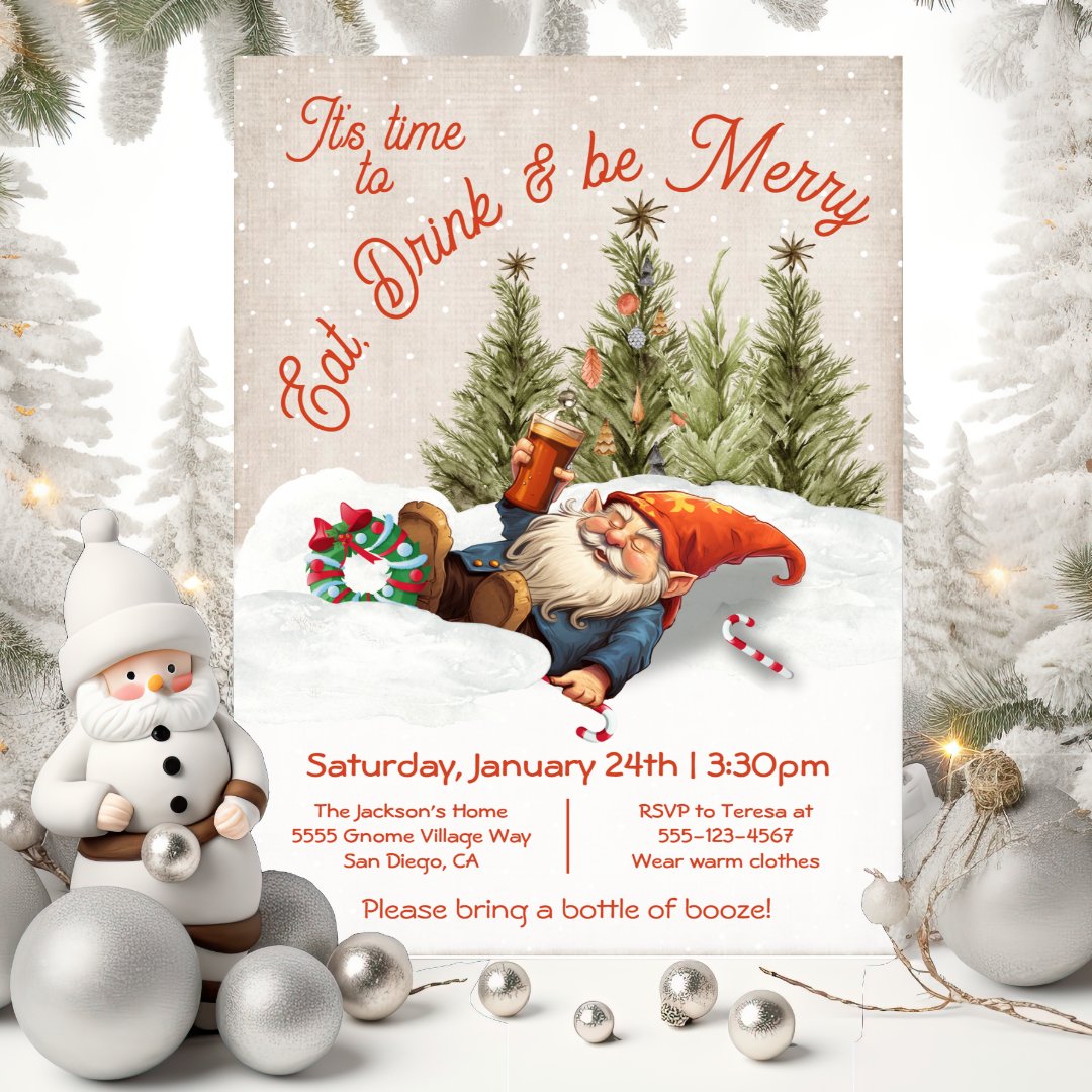 Eat Drink and be Merry Drunk Gnome Christmas Party            Invitation (Creator Uploaded)