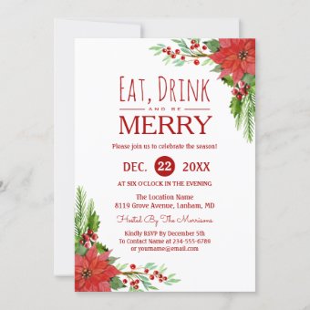 Eat Drink and Be Merry Floral Chic Holiday Party Invitation | Zazzle