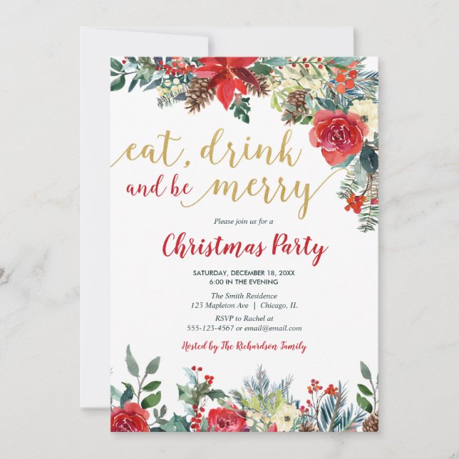 Eat Drink and be Merry Floral Christmas party Invitation (Front)