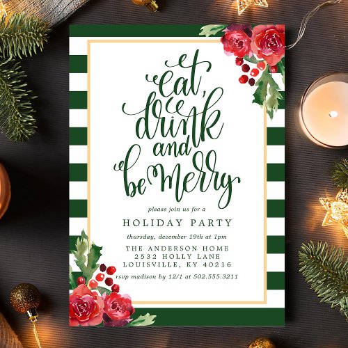 Eat Drink And Be Merry Floral Holiday Party Invitation