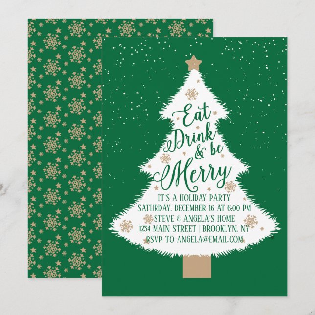 Eat Drink and Be Merry Green Christmas Tree Party Invitation (Front/Back)