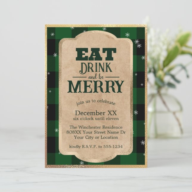 Eat Drink and Be Merry Green Plaid Christmas Invitation (Standing Front)
