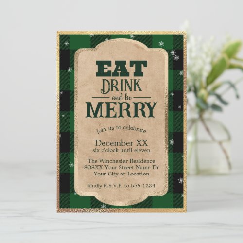 Eat Drink and Be Merry Green Plaid Christmas Invitation