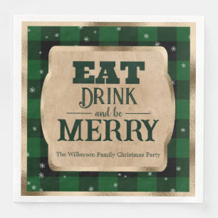 Eat Drink and Be Merry Green Plaid Christmas Paper Dinner Napkins