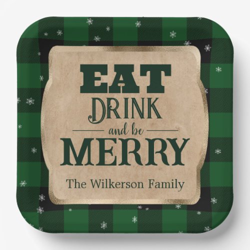 Eat Drink and Be Merry Green Plaid Christmas Paper Plates
