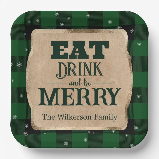 Eat Drink and Be Merry Green Plaid Christmas Paper Plates (Front)