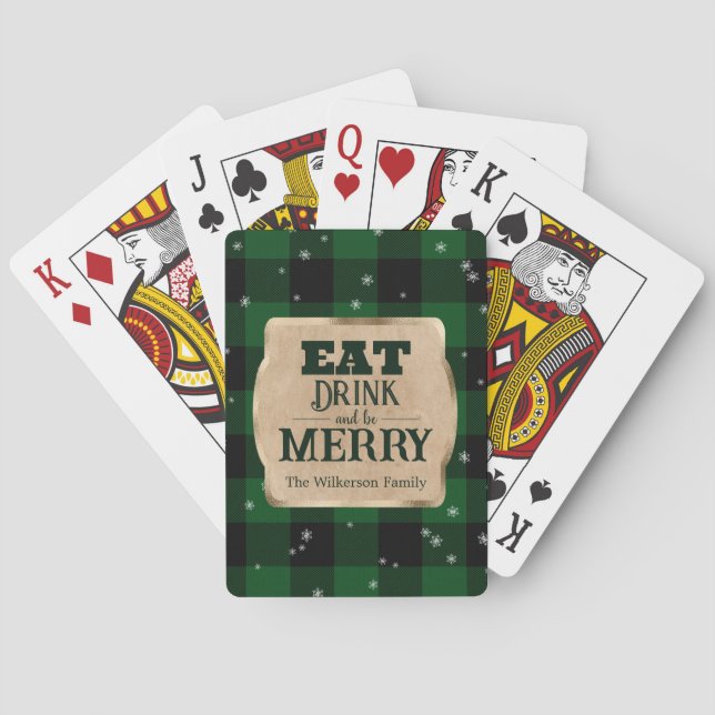 Eat Drink and Be Merry Green Plaid Christmas Poker Cards (Back)