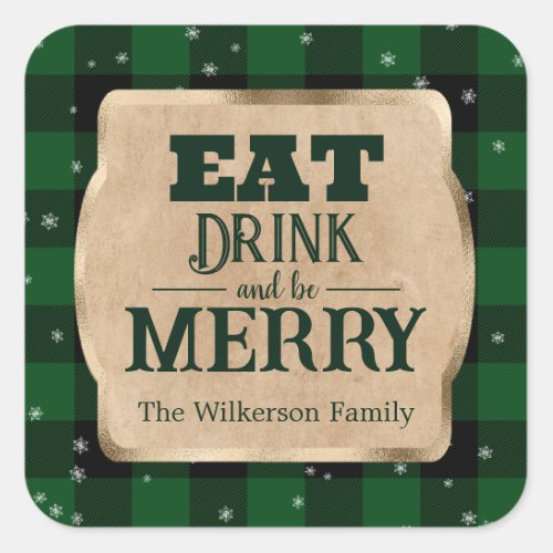 Eat Drink and Be Merry Green Plaid Christmas Square Sticker