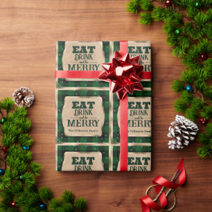 Eat Drink and Be Merry Green Plaid Christmas Wrapping Paper