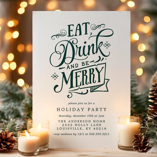 Eat Drink And Be Merry Green Stripes Holiday Party Invitation