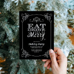 Eat Drink and Be Merry Holiday Party Invitation<br><div class="desc">Modern elegant Christmas holiday party invitation design with whimsical typography that reads Eat,  Drink and Be Merry. Background has a border with vintage scroll corner details. Use the design tools to customize fonts,  move text around and create your own unique one-of-a-kind invitation design.</div>