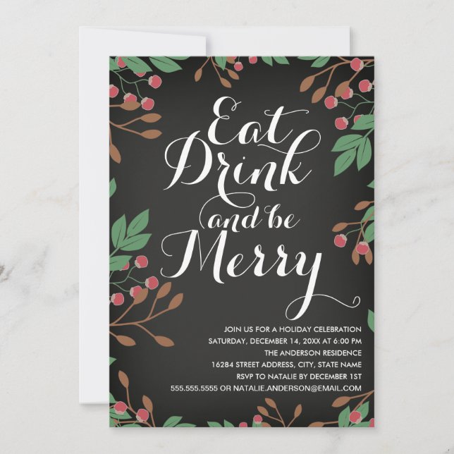 Eat Drink and be Merry Holly Berries Holiday Party Invitation (Front)