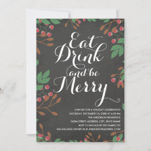 Eat Drink and be Merry Holly Berries Holiday Party Invitation