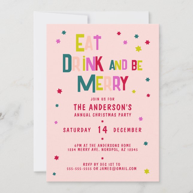 EAT DRINK and be MERRY Personalized Blush Pink Invitation (Front)