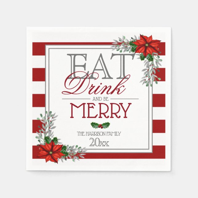 Eat Drink and Be Merry Poinsettia Christmas Napkins (Front)
