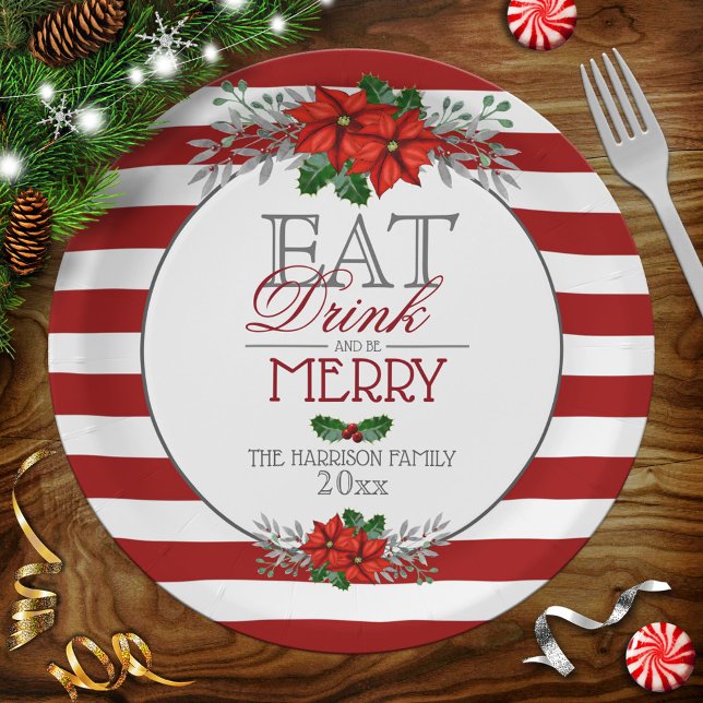 Eat Drink and Be Merry Poinsettia Christmas Paper Plates (Creator Uploaded)