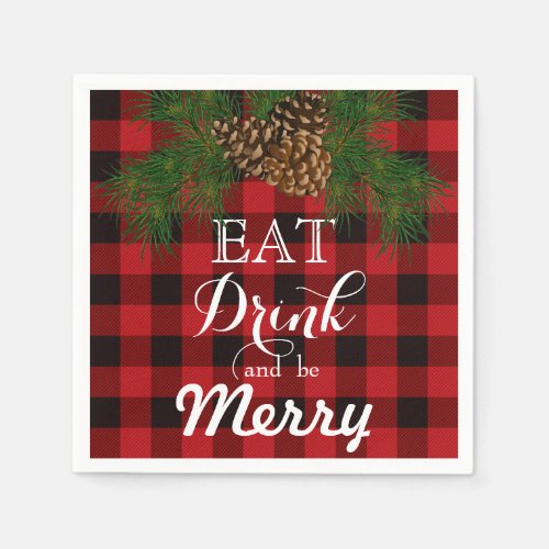 Eat Drink and be Merry red_black tartan pinecone Napkins