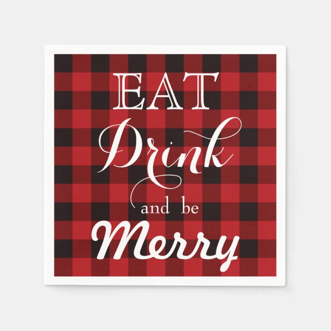 Eat Drink and be Merry, red-black tartan plaid Napkins (Front)