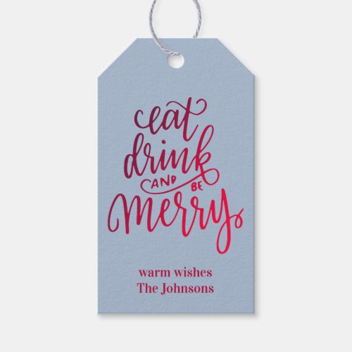 Eat Drink and be Merry Red Ombre Script Blue Grey Gift Tags