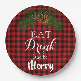 Eat Drink and be Merry, red tartan buffalo plaid Paper Plates