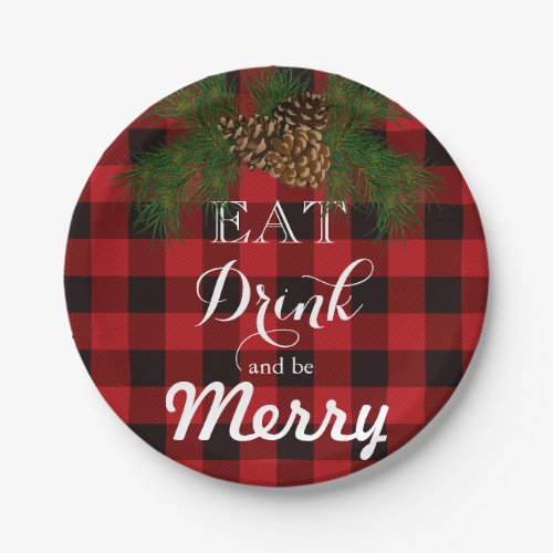 Eat Drink and be Merry red tartan plaidpine cone Paper Plates