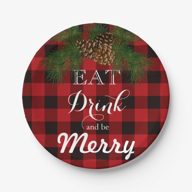 Eat Drink and be Merry, red tartan plaid,pine cone Paper Plates (Front)