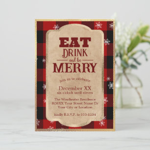 Eat Drink and Be Merry Rustic Red Plaid Christmas Invitation
