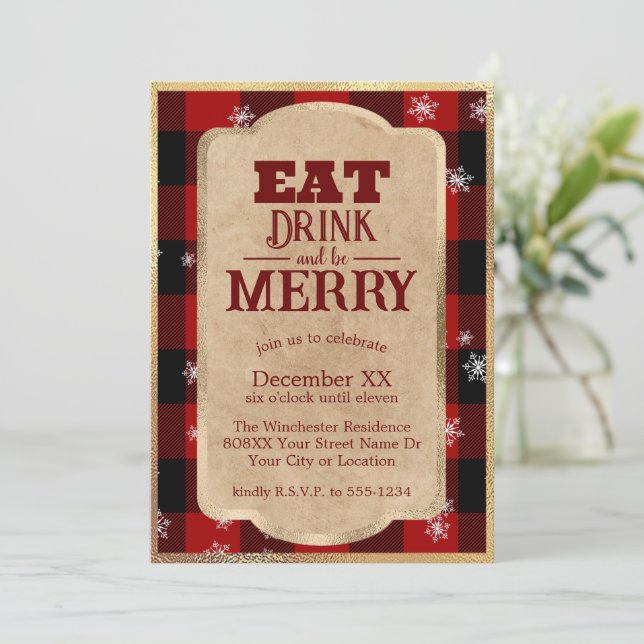 Eat Drink and Be Merry Rustic Red Plaid Christmas Invitation (Standing Front)