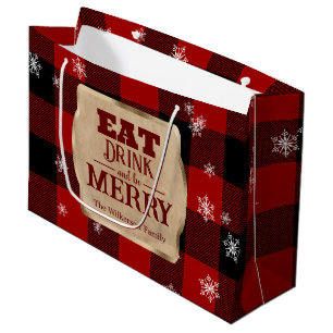 Eat Drink and Be Merry Rustic Red Plaid Christmas Large Gift Bag