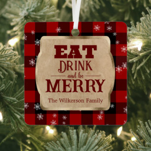 Eat Drink and Be Merry Rustic Red Plaid Christmas Metal Ornament