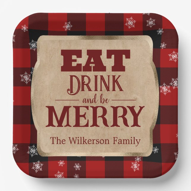 Eat Drink and Be Merry Rustic Red Plaid Christmas Paper Plates (Front)