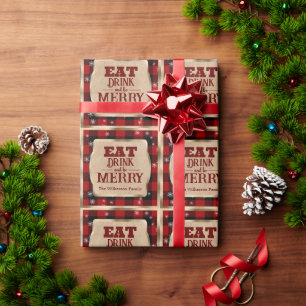 Eat Drink and Be Merry Rustic Red Plaid Christmas Wrapping Paper