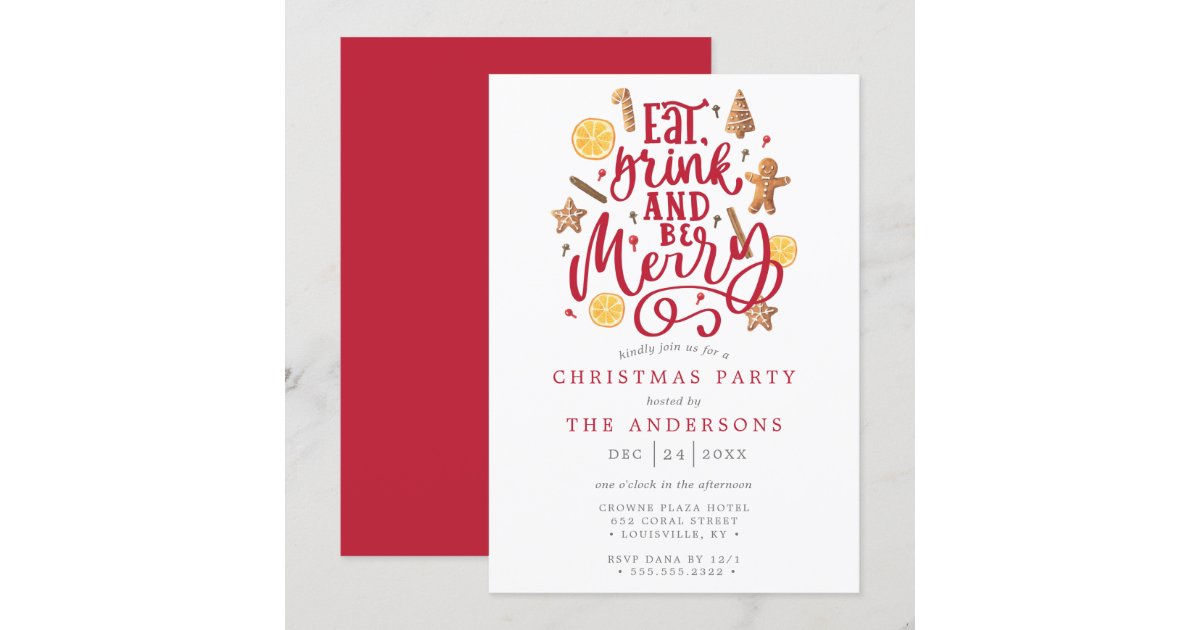 Eat Drink And Be Merry Watercolor Christmas Party Invitation | Zazzle