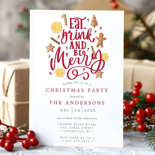 Eat Drink And Be Merry Watercolor Christmas Party Invitation