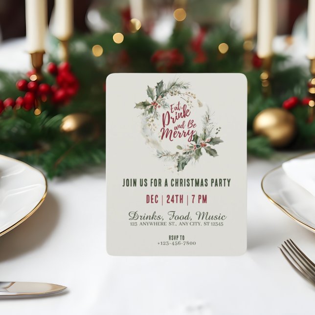 Eat Drink and Be Merry Wreath Christmas Party Invitation (Creator Uploaded)