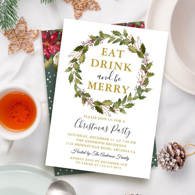 Eat Drink and Be Merry Xmas Floral Christmas Party Invitation (Creator Uploaded)