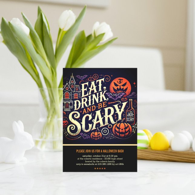 Eat Drink and Be Scary Black Halloween Party  Invitation (Creator Uploaded)