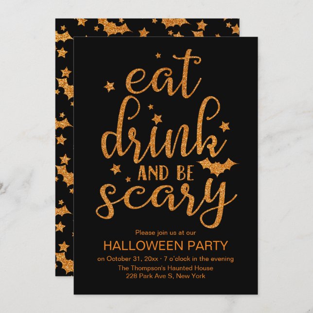 Eat, Drink and Be Scary, Cute Glitter Halloween Invitation (Front/Back)