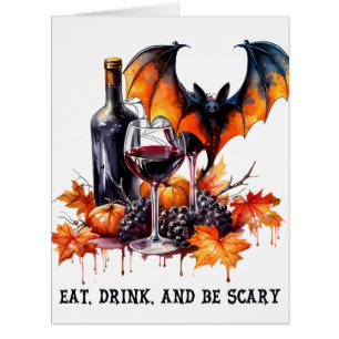 Eat Drink and Be Scary Fall Halloween Bat and Wine Cards