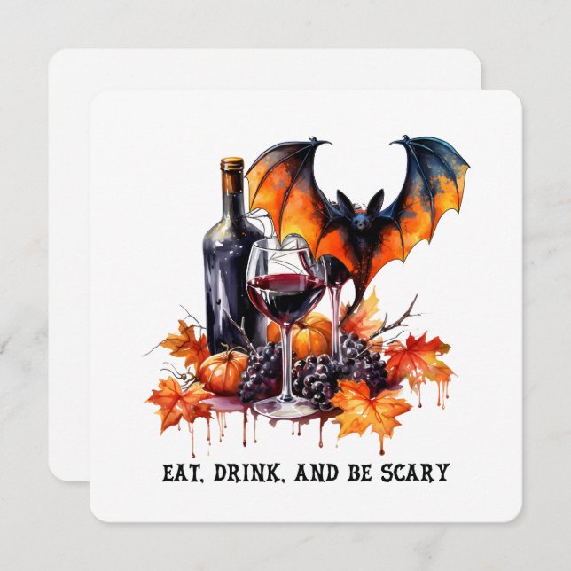 Eat Drink and Be Scary Fall Halloween Bat and Wine Holiday Card (Front/Back)
